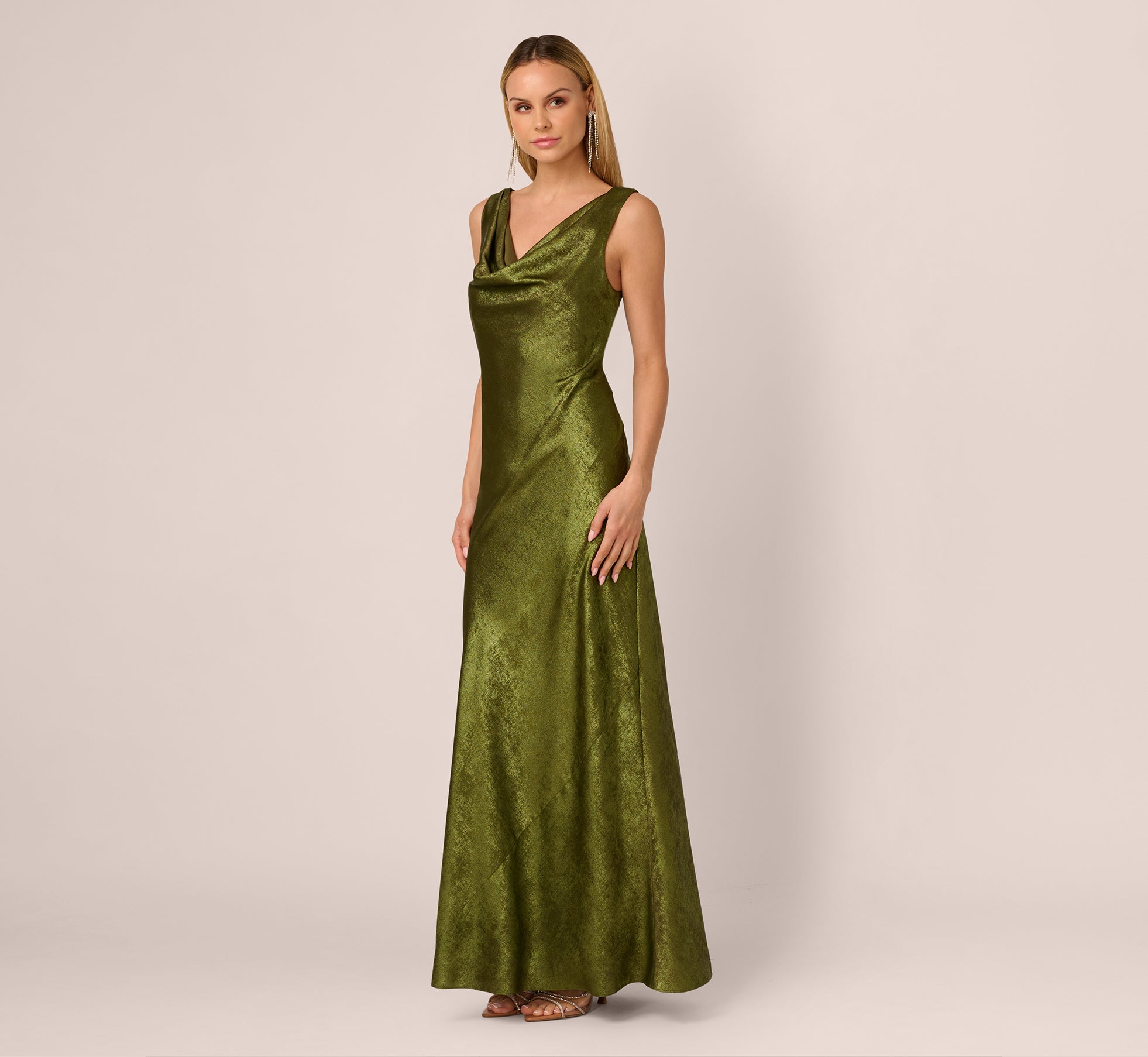 Sleeveless Bias Cut Foil Cowl Gown In Dark Olive