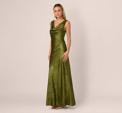 Sleeveless Bias Cut Foil Cowl Gown In Dark Olive