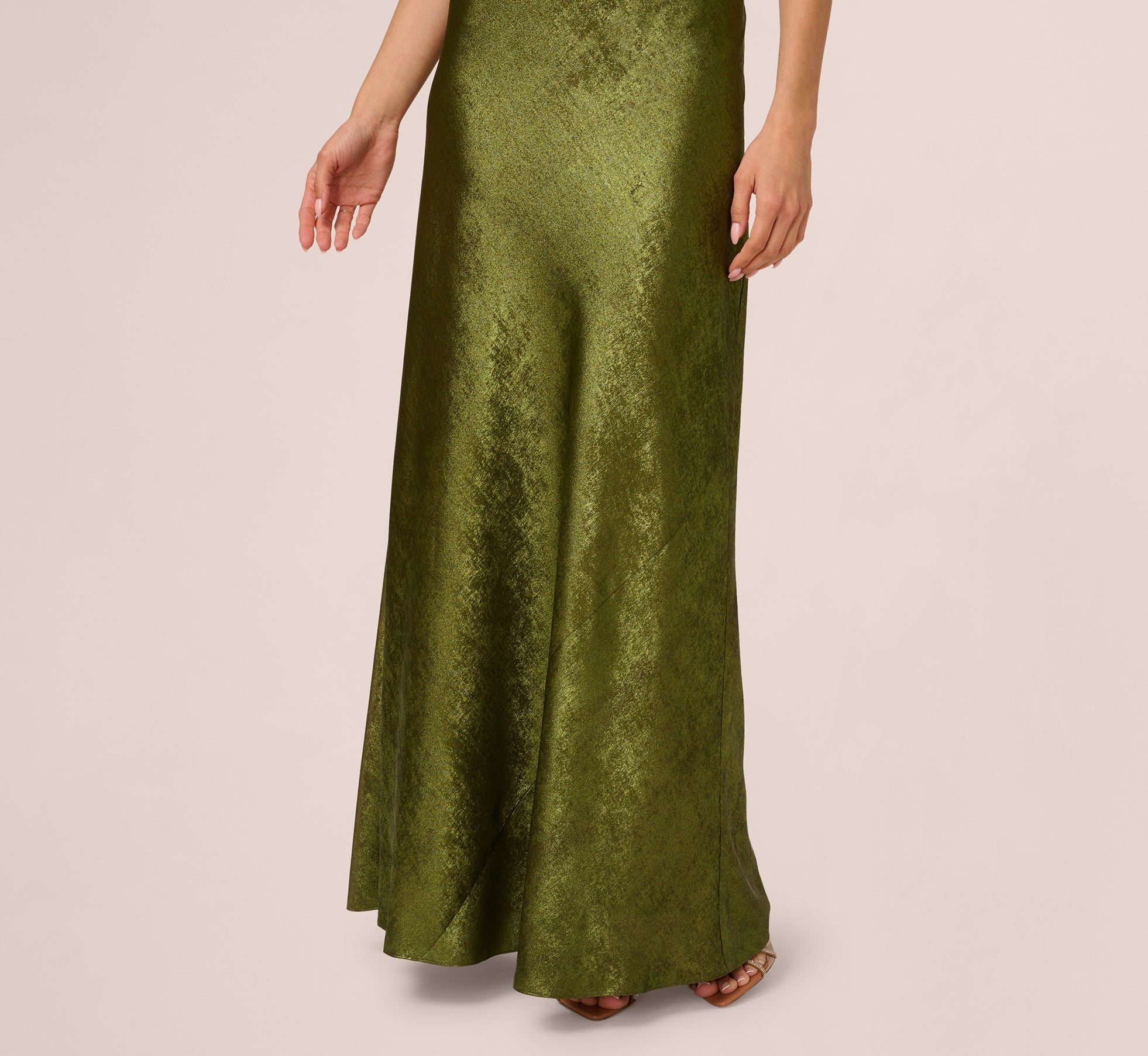 Sleeveless Bias Cut Foil Cowl Gown In Dark Olive