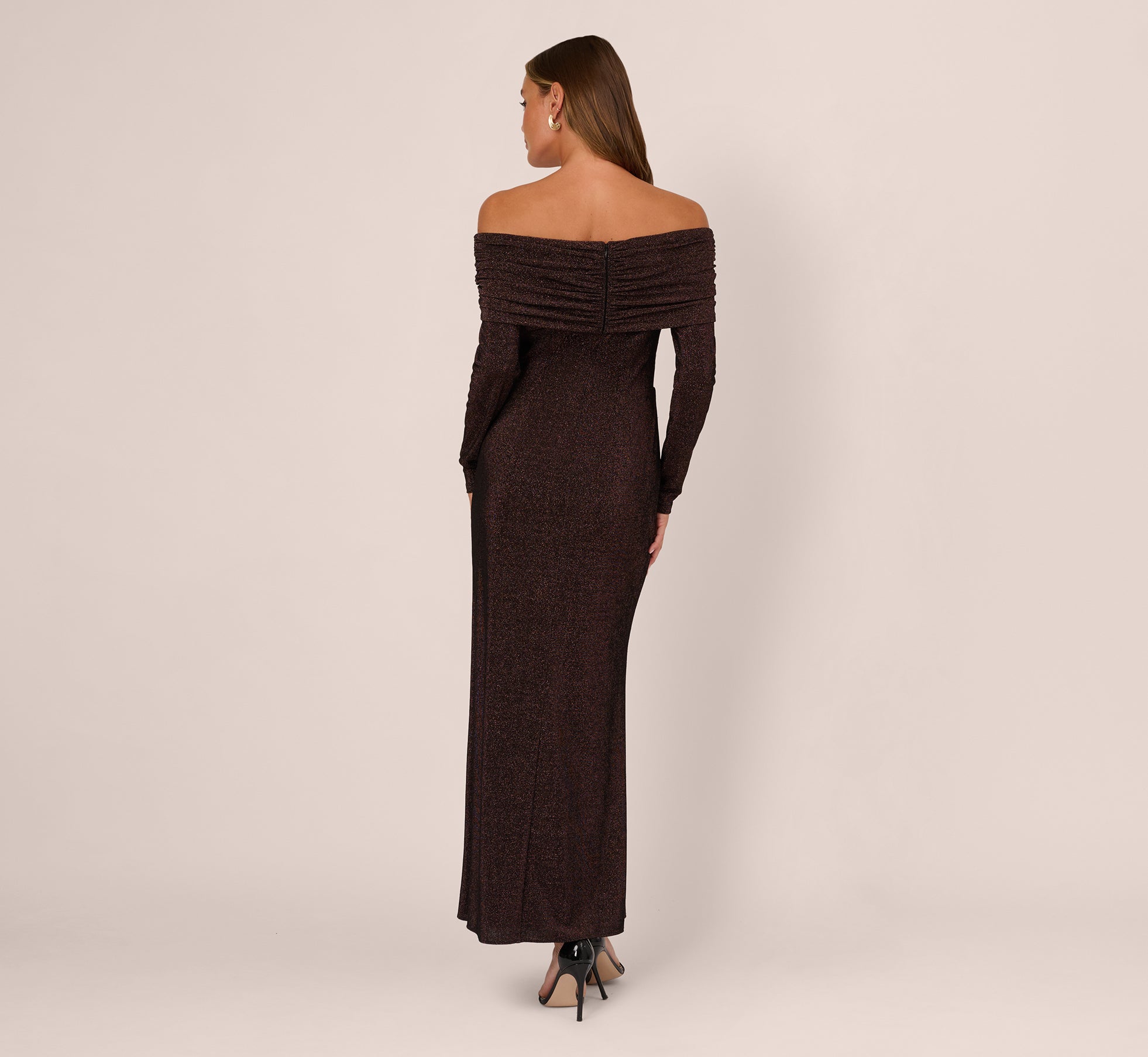 Off Shoulder Long Sleeve Metallic Knit Maxi Dress In Chocolate