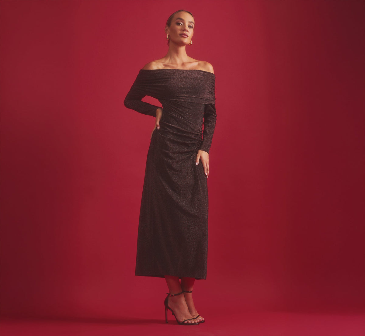 Off Shoulder Long Sleeve Metallic Knit Maxi Dress In Chocolate