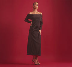 Off Shoulder Long Sleeve Metallic Knit Maxi Dress In Chocolate