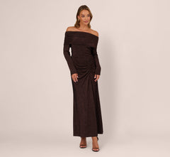 Off Shoulder Long Sleeve Metallic Knit Maxi Dress In Chocolate