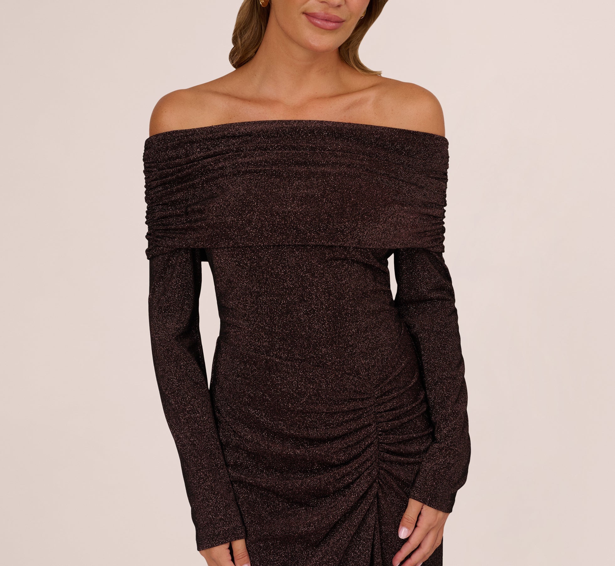 Off Shoulder Long Sleeve Metallic Knit Maxi Dress In Chocolate