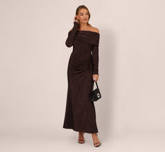 Off Shoulder Long Sleeve Metallic Knit Maxi Dress In Chocolate