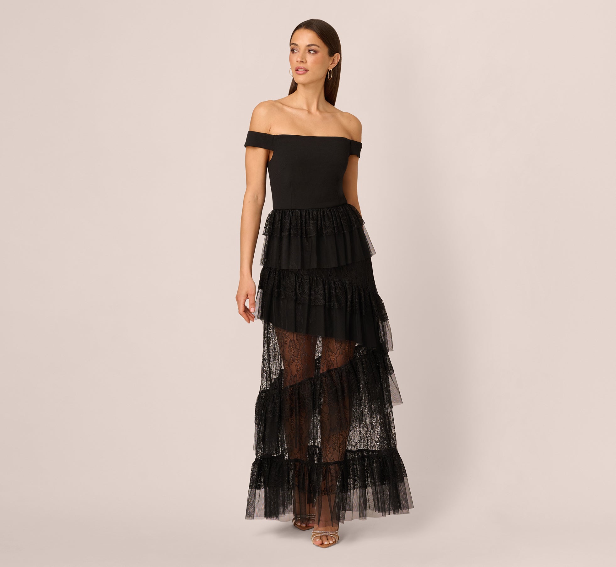 Off Shoulder Lace Ruffle Combo Gown In Black