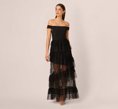 Off Shoulder Lace Ruffle Combo Gown In Black