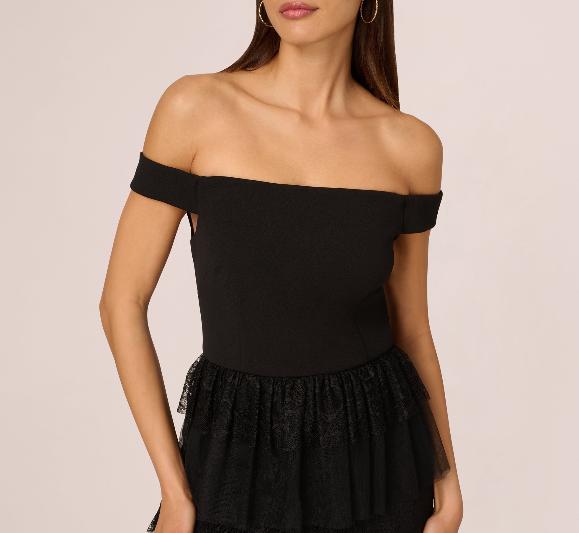 Off Shoulder Lace Ruffle Combo Gown In Black