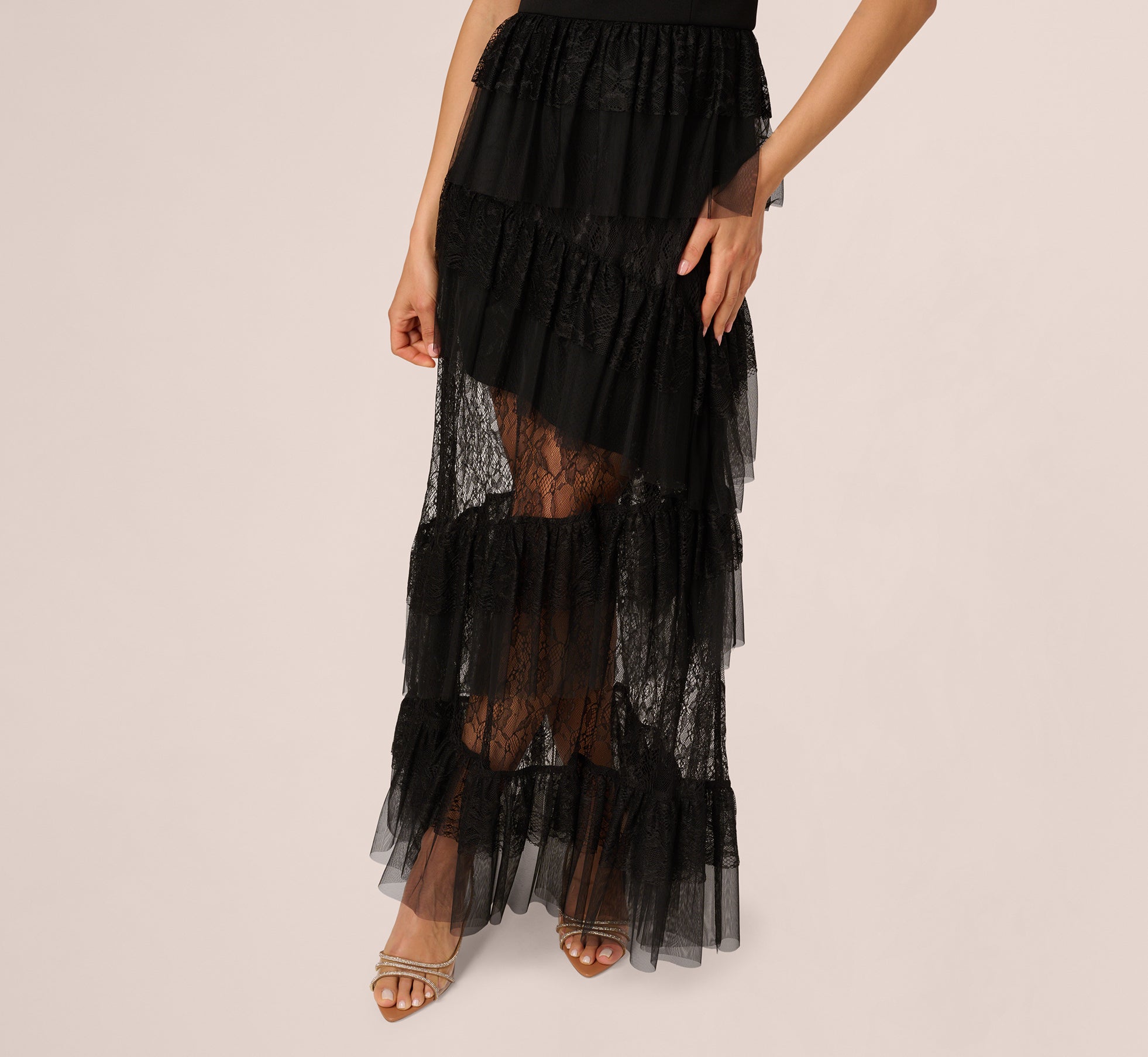 Off Shoulder Lace Ruffle Combo Gown In Black