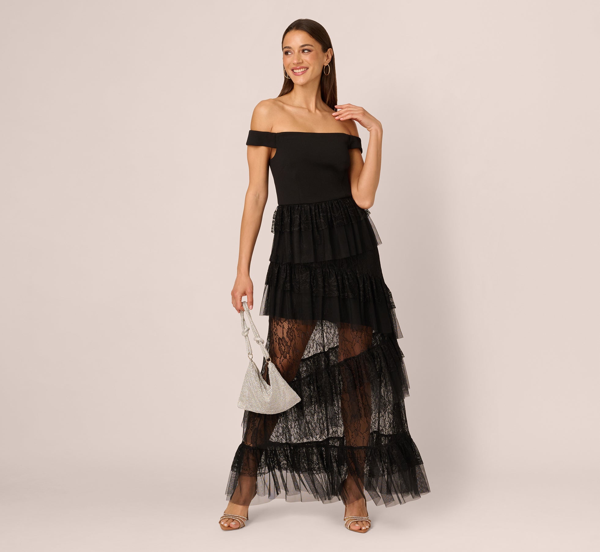 Off Shoulder Lace Ruffle Combo Gown In Black