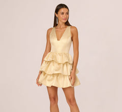 Metallic Jacquard Flounce Mini Dress In Light Gold