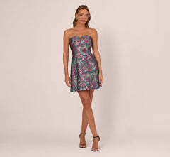 Strapless Metallic Floral Jacquard Mini Dress In Pink Blue Multi