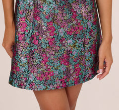 Strapless Metallic Floral Jacquard Mini Dress In Pink Blue Multi