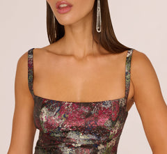 Sleeveless Metallic Jacquard Cocktail Dress In Red Multi