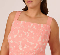 Plus Size Hibiscus Jacquard Sheath Dress With Tucked Details In Light Coral