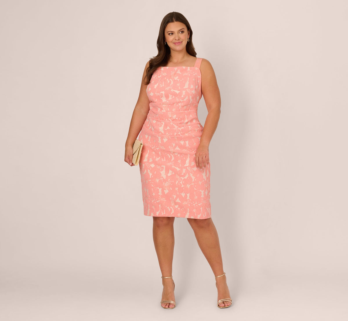 Plus Size Hibiscus Jacquard Sheath Dress With Tucked Details In Light Coral