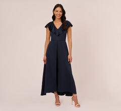 Satin Crepe Ruffled Cropped Jumpsuit In Dark Navy