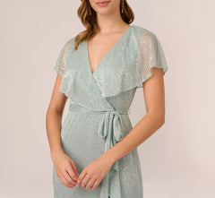 Floral Metallic Stencil Midi-Length Mermaid Dress With Capelet In Sea Glass