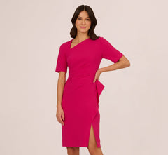 Draped Ruffle Crepe Dress With Short Sleeves In Brilliant Rose