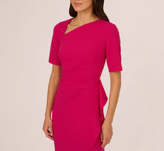 Draped Ruffle Crepe Dress With Short Sleeves In Brilliant Rose