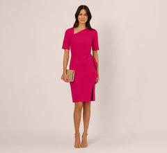 Draped Ruffle Crepe Dress With Short Sleeves In Brilliant Rose