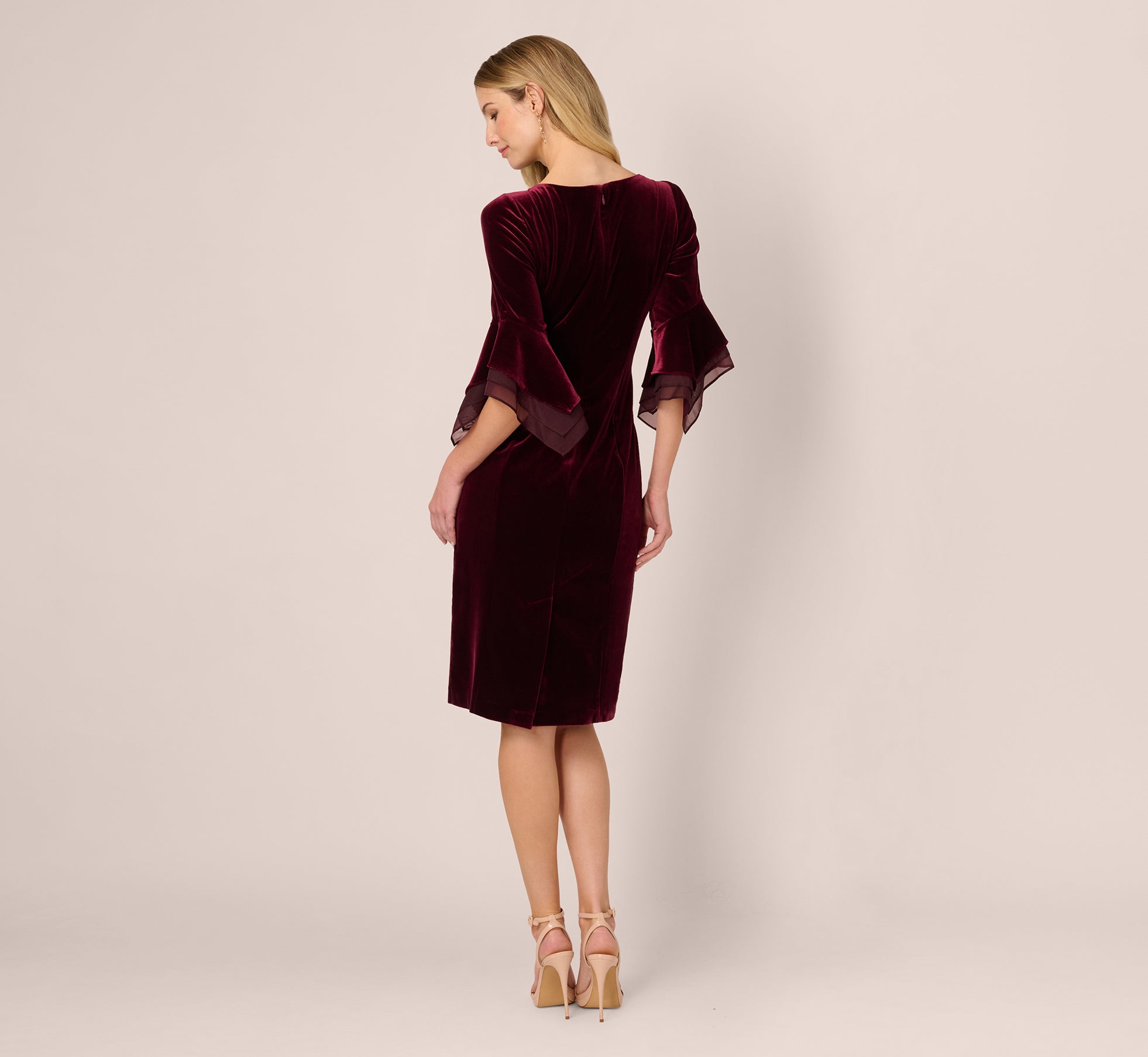 Velvet Sheath Dress With Tiered Three Quarter Sleeves In Bordeaux