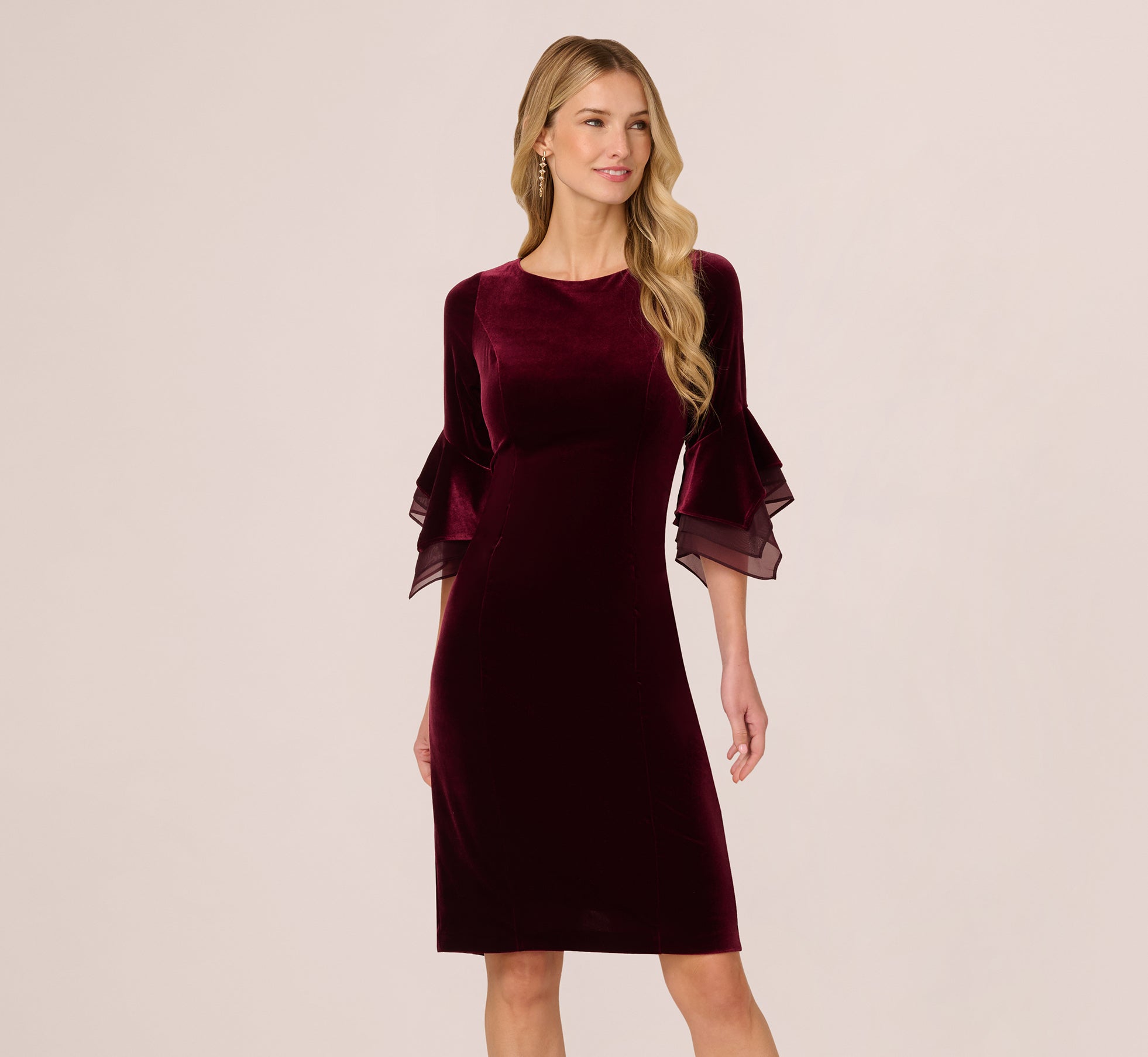 Velvet Sheath Dress With Tiered Three Quarter Sleeves In Bordeaux