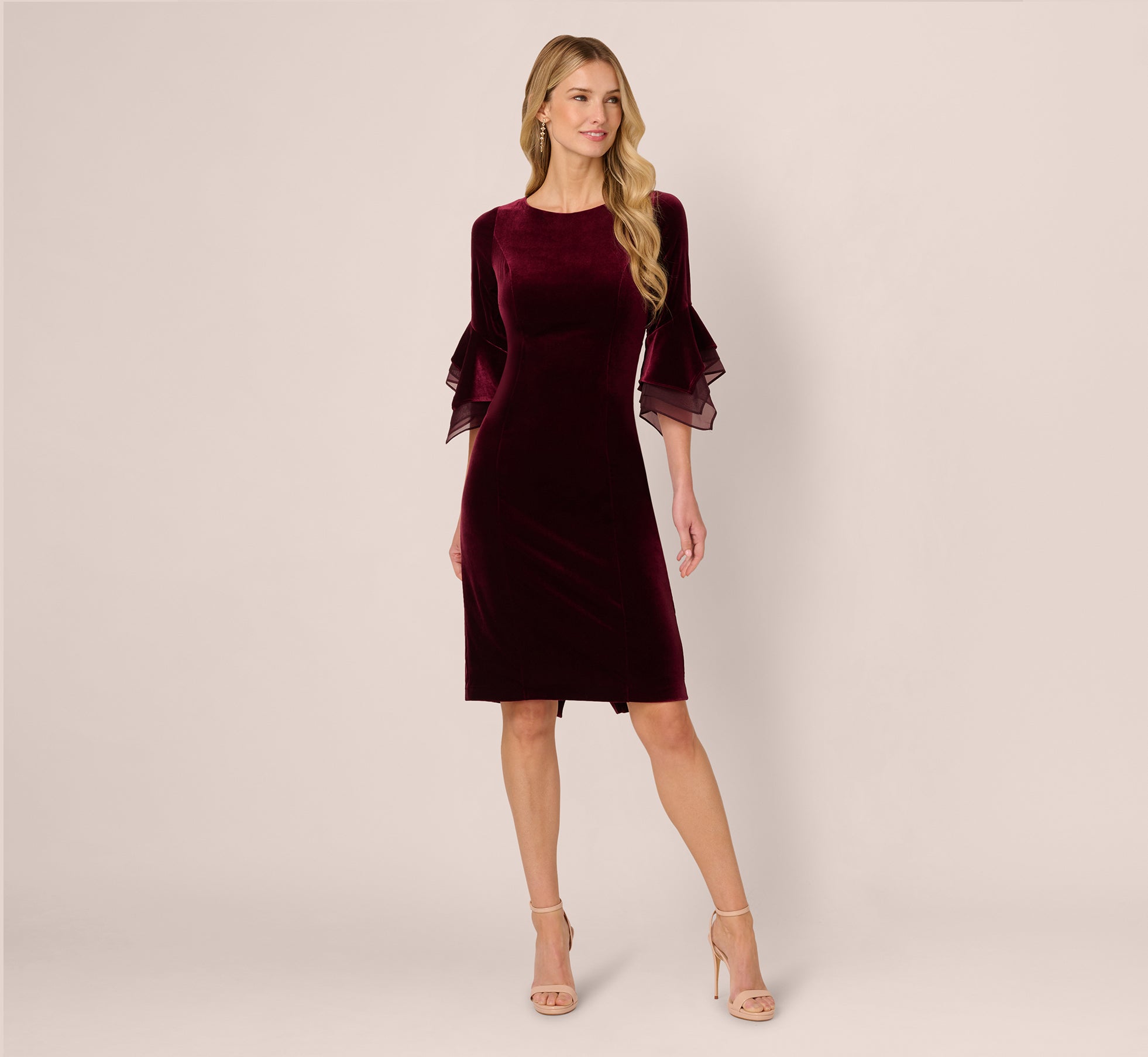 Velvet Sheath Dress With Tiered Three Quarter Sleeves In Bordeaux