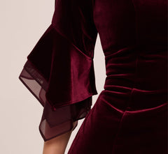 Velvet Sheath Dress With Tiered Three Quarter Sleeves In Bordeaux