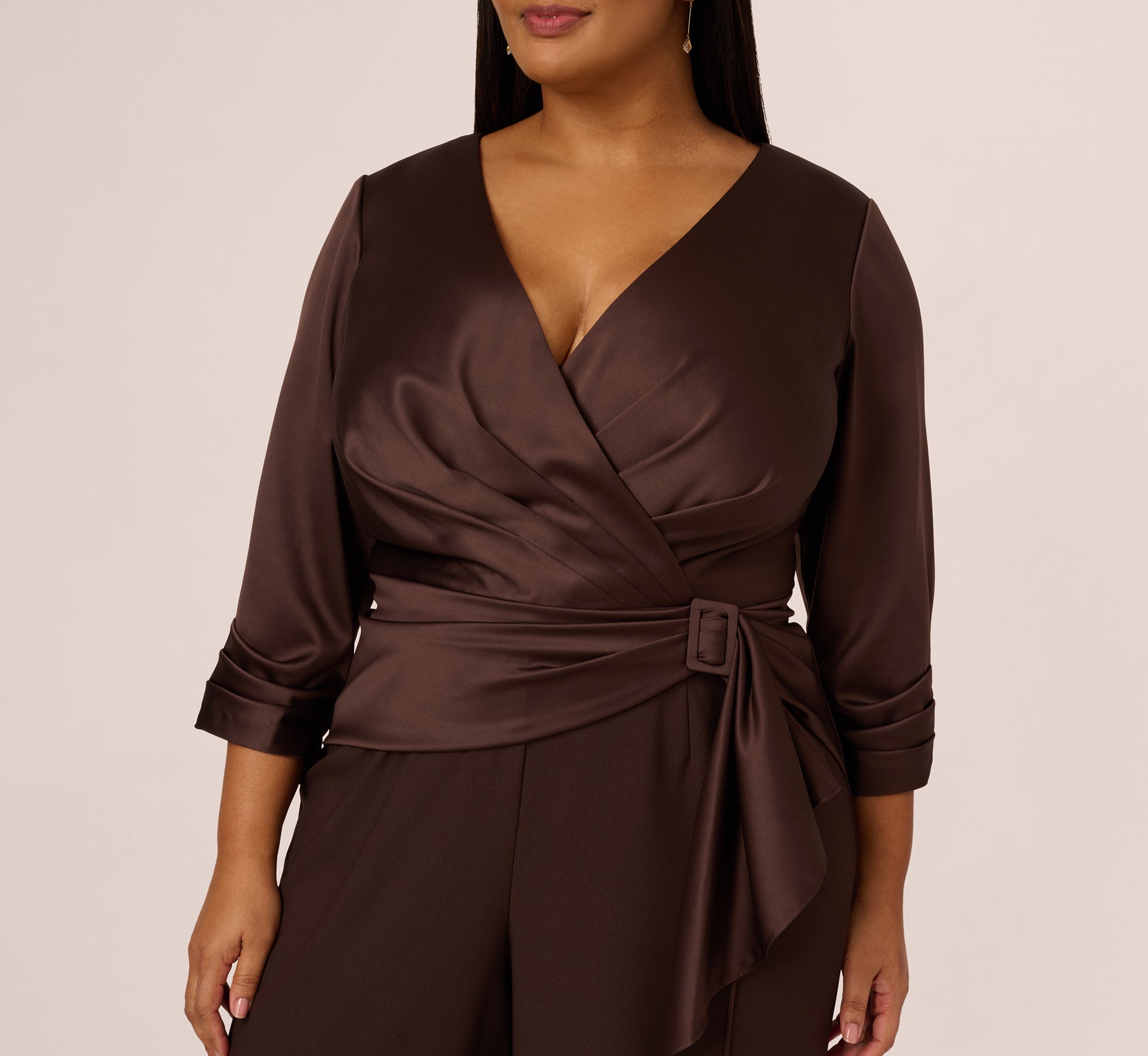 Plus Size Satin Crepe Three Quarter Sleeve Jumpsuit With Buckle Waist In Dark Brown