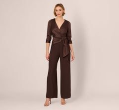 Satin Crepe Three Quarter Sleeve Jumpsuit With Buckle Waist In Dark Brown