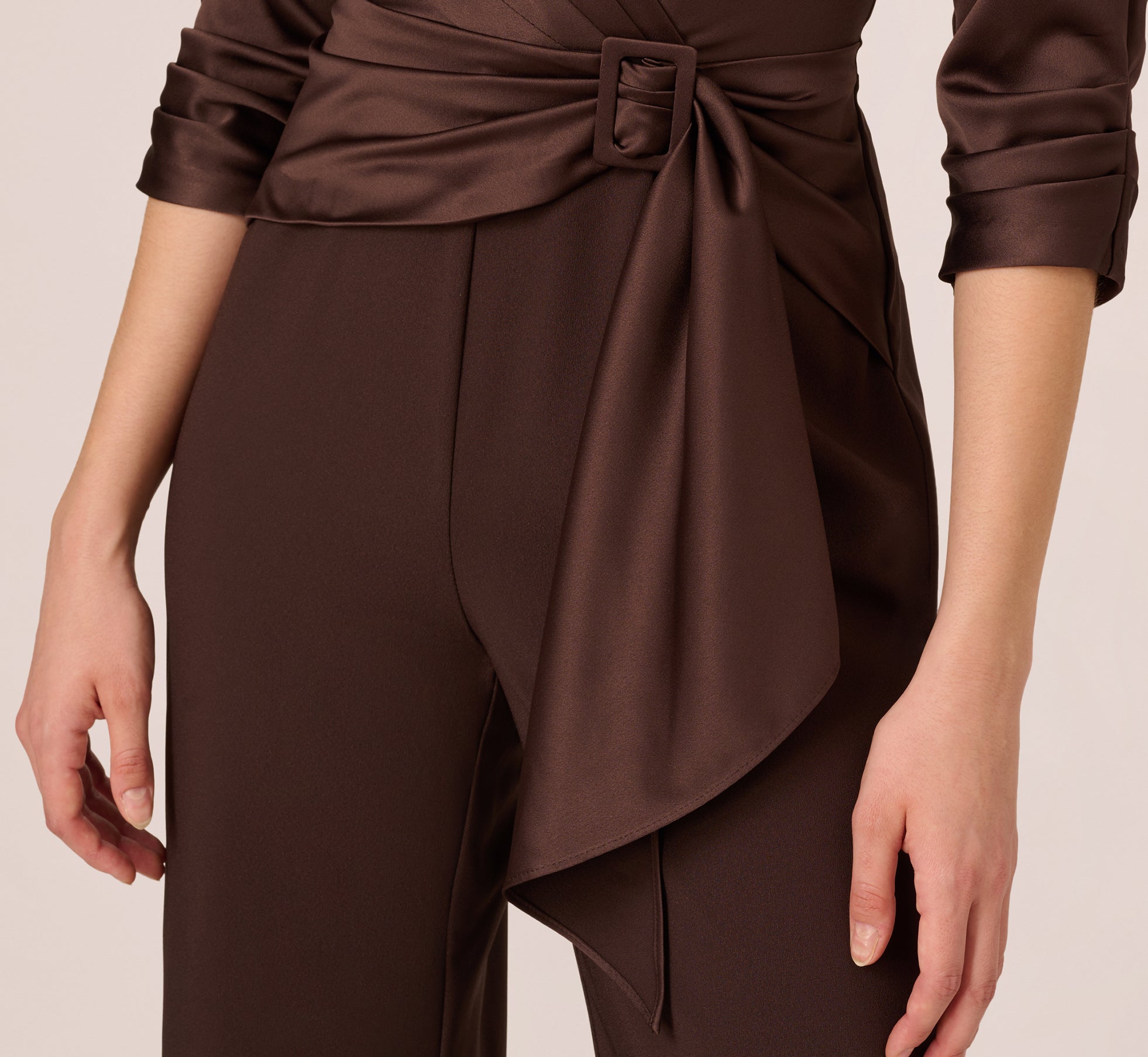 Satin Crepe Three Quarter Sleeve Jumpsuit With Buckle Waist In Dark Brown