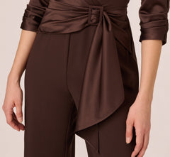 Satin Crepe Three Quarter Sleeve Jumpsuit With Buckle Waist In Dark Brown