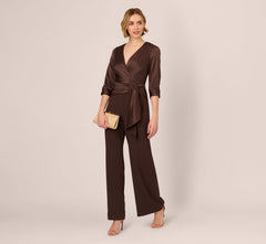 Satin Crepe Three Quarter Sleeve Jumpsuit With Buckle Waist In Dark Brown