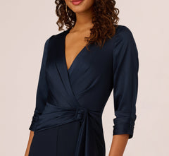 Satin Crepe Three Quarter Sleeve Jumpsuit With Buckle Waist In Dark Navy