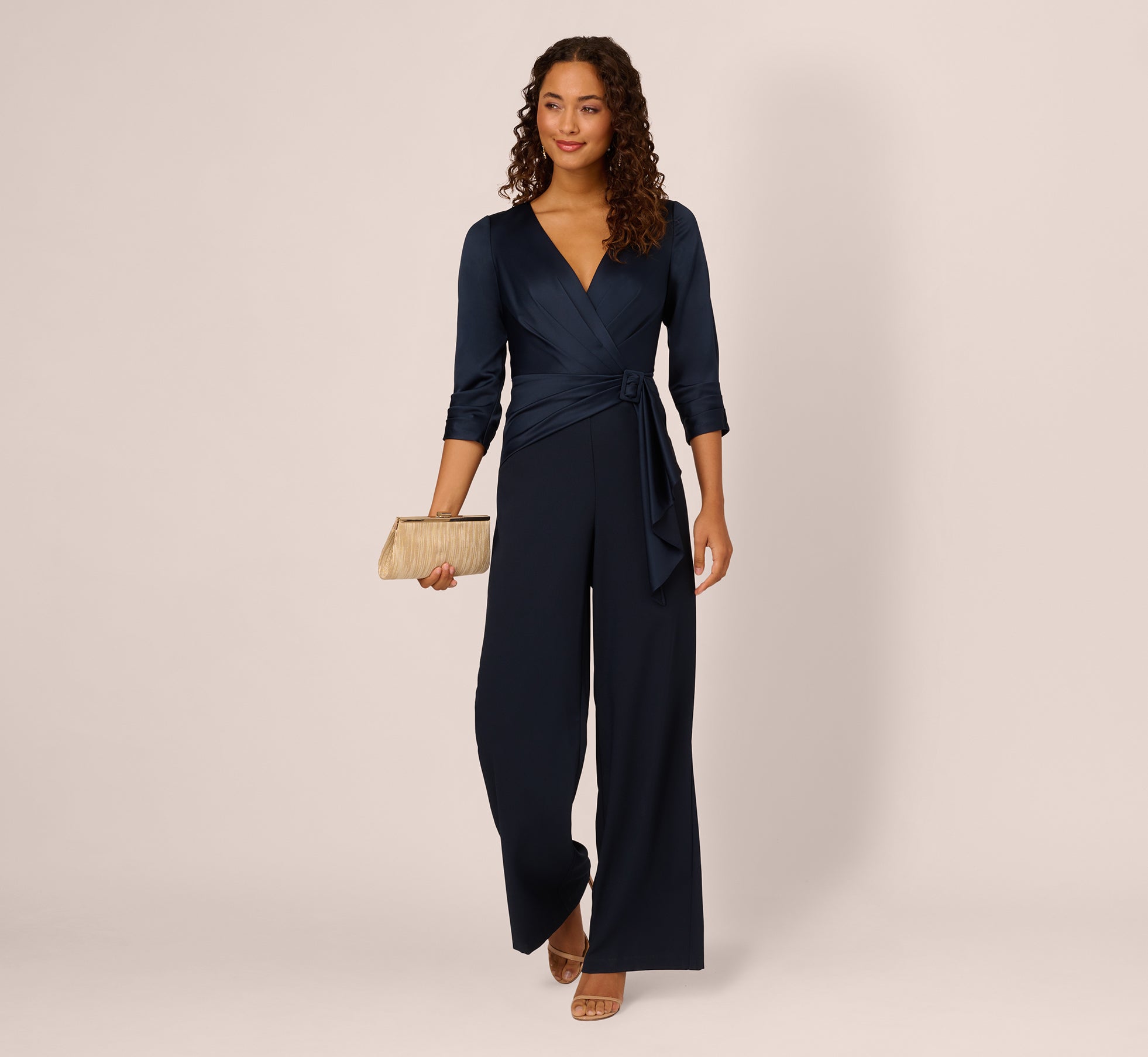 Satin Crepe Three Quarter Sleeve Jumpsuit With Buckle Waist In Dark Navy