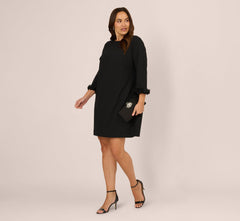 Plus Size Three Quarter Sleeve Shift Dress With Floral Embellished Cuffs In Black