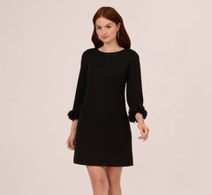 Three Quarter Sleeve Shift Dress With Floral Embellished Cuffs In Black