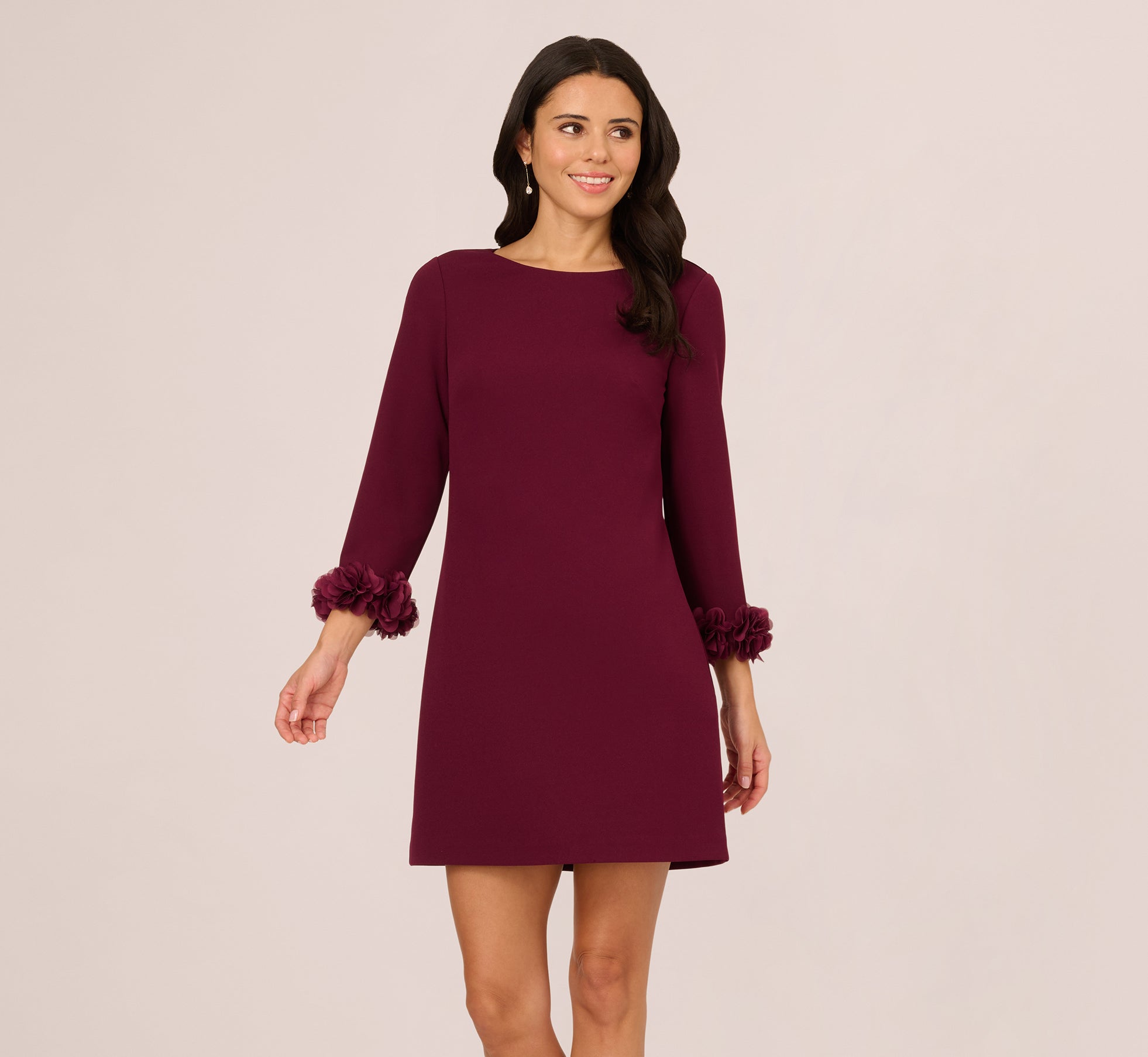 Three Quarter Sleeve Shift Dress With Floral Embellished Cuffs In Cabernet