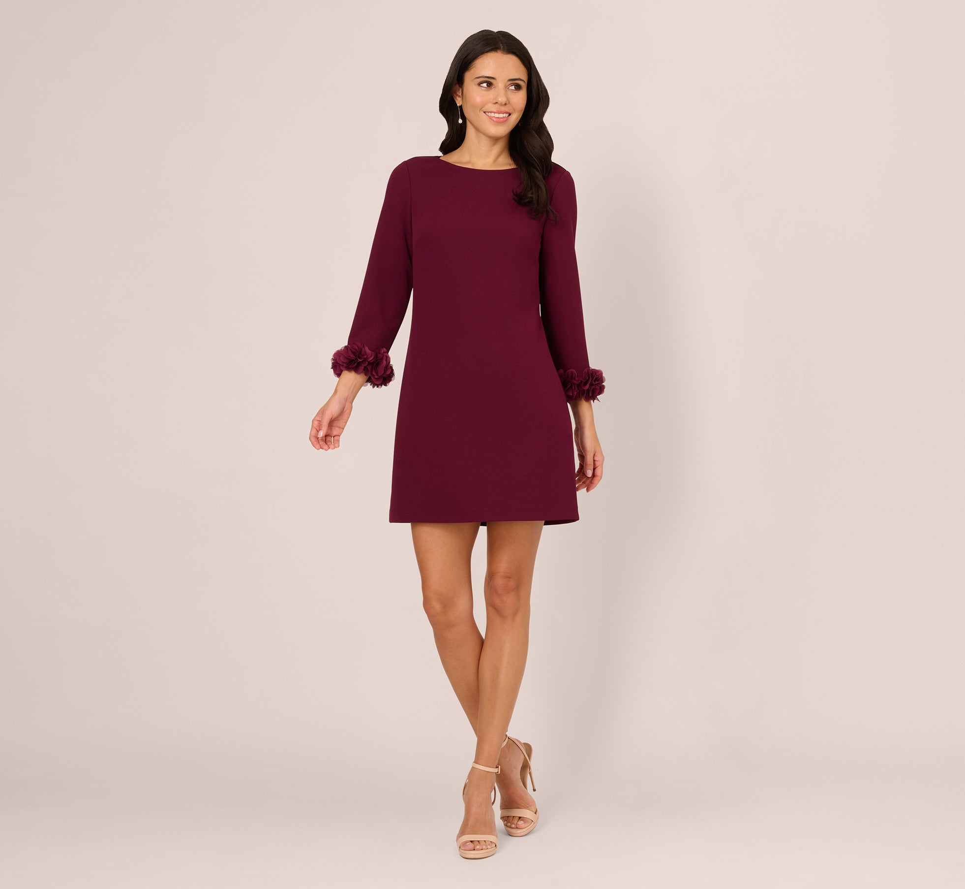 Three Quarter Sleeve Shift Dress With Floral Embellished Cuffs In Cabernet