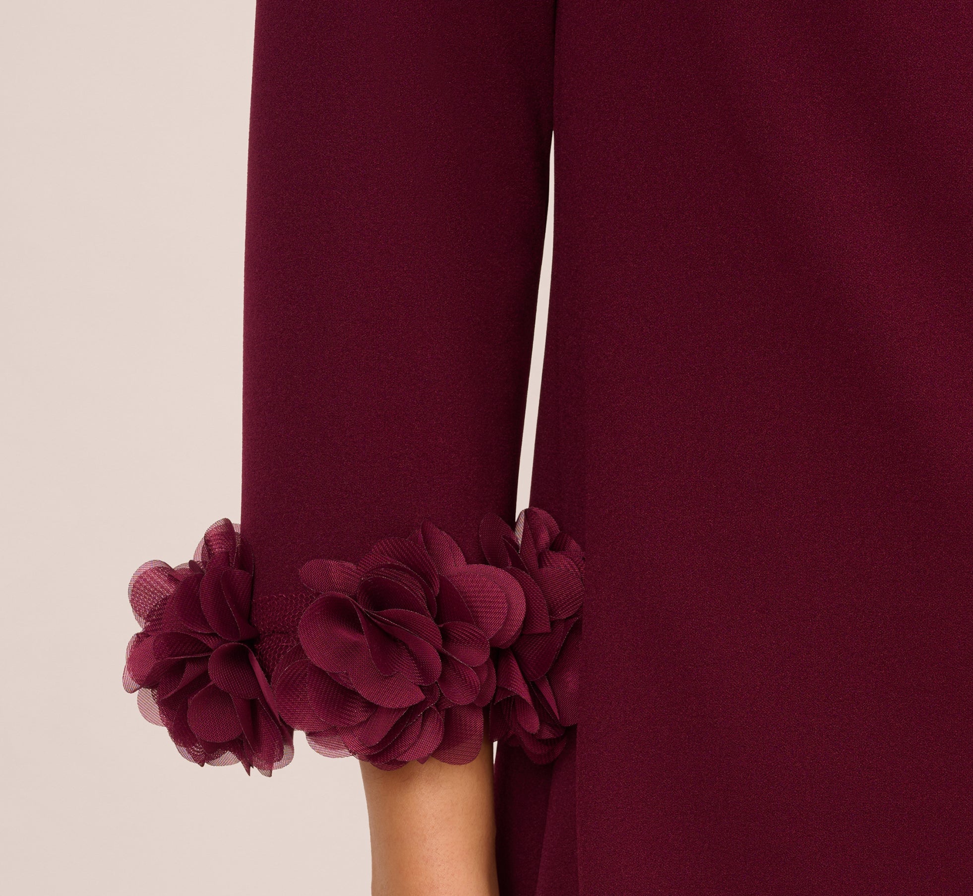 Three Quarter Sleeve Shift Dress With Floral Embellished Cuffs In Cabernet