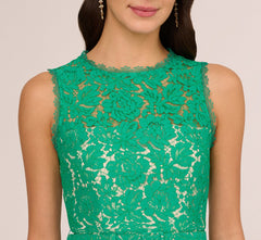 Sleeveless Lace Fit And Flare Dress With Sheer Details In Botanic Green