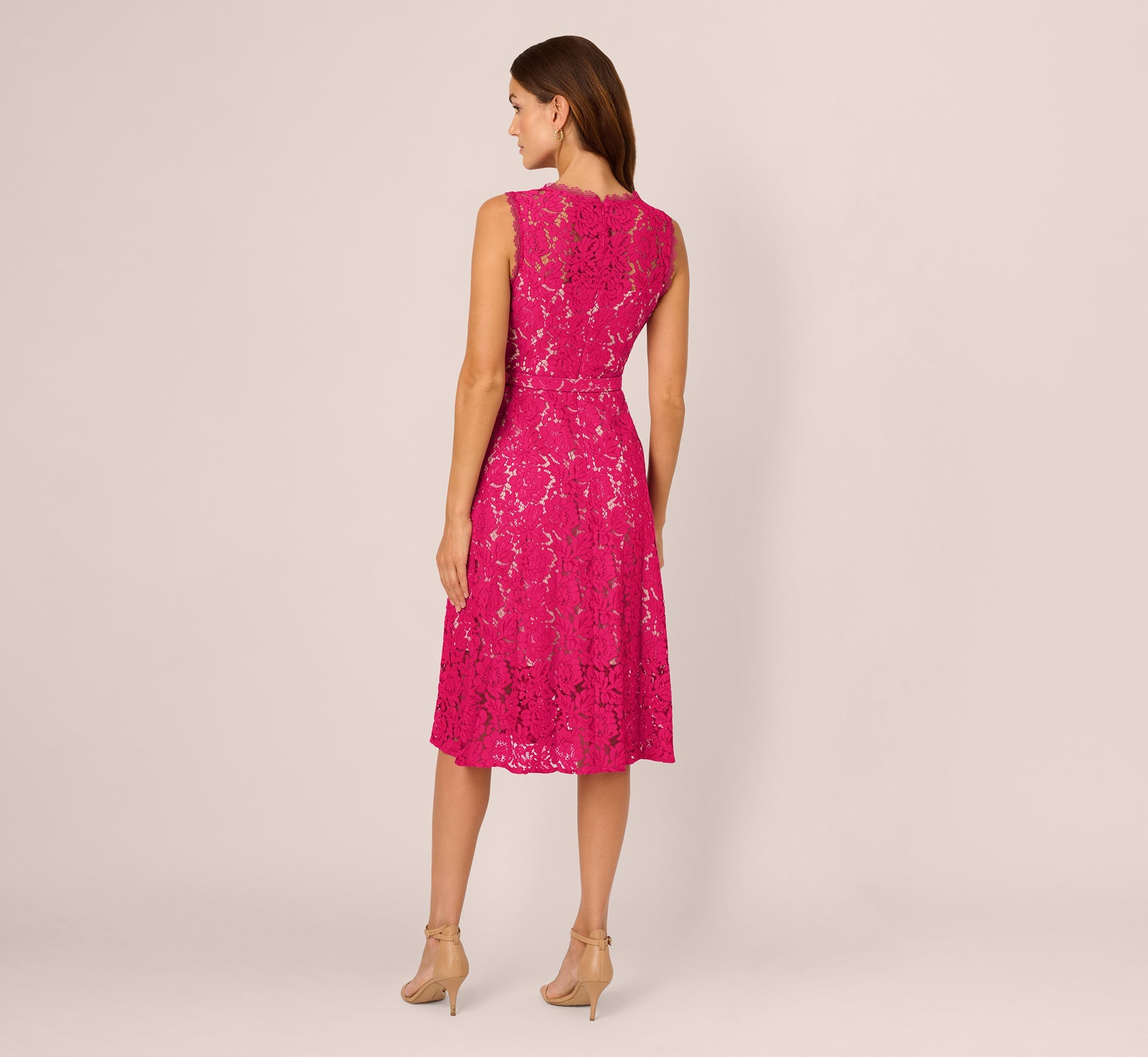 Sleeveless Lace Fit And Flare Dress With Sheer Details In Tropical Pink