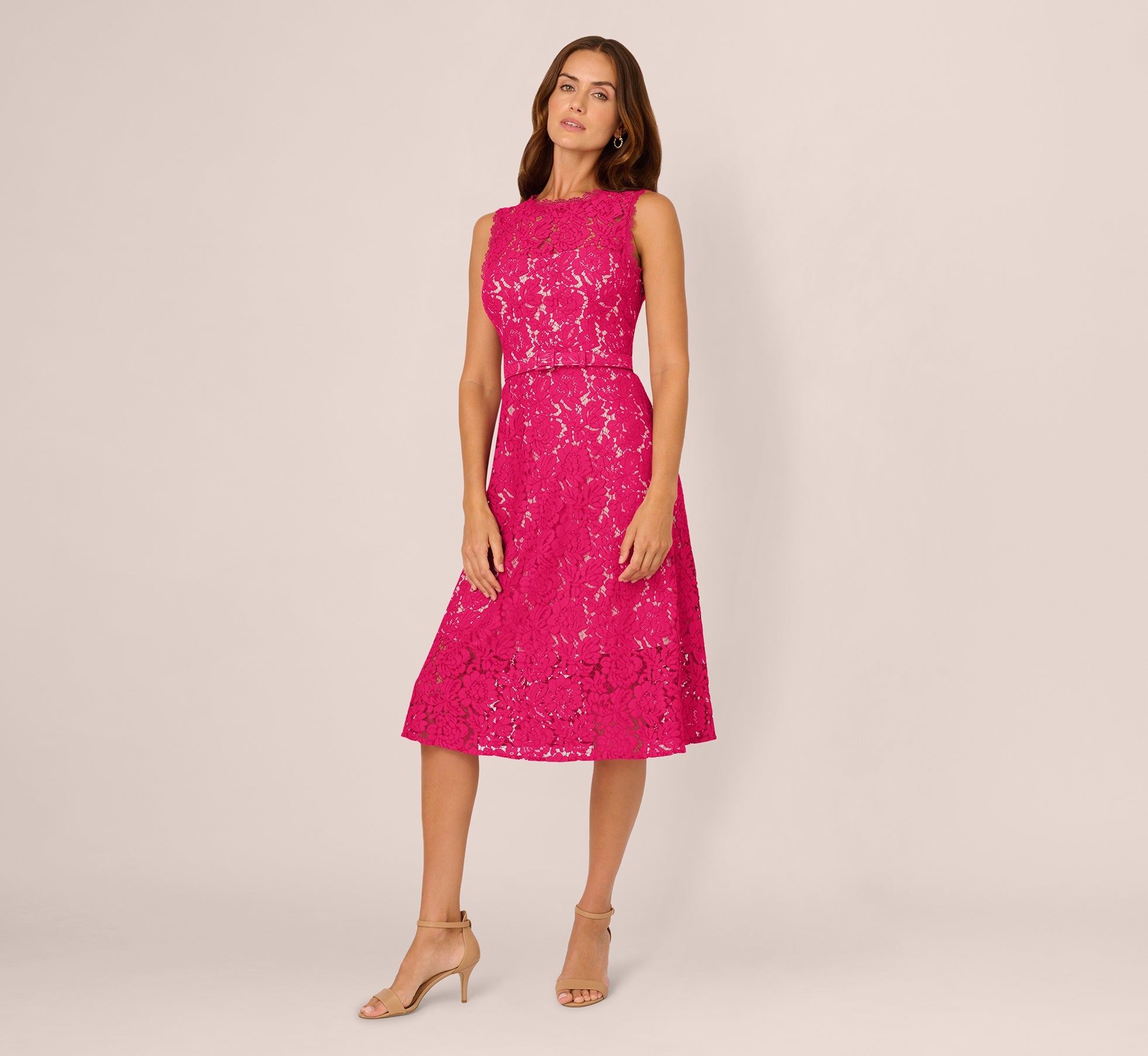 Sleeveless Lace Fit And Flare Dress With Sheer Details In Tropical Pink