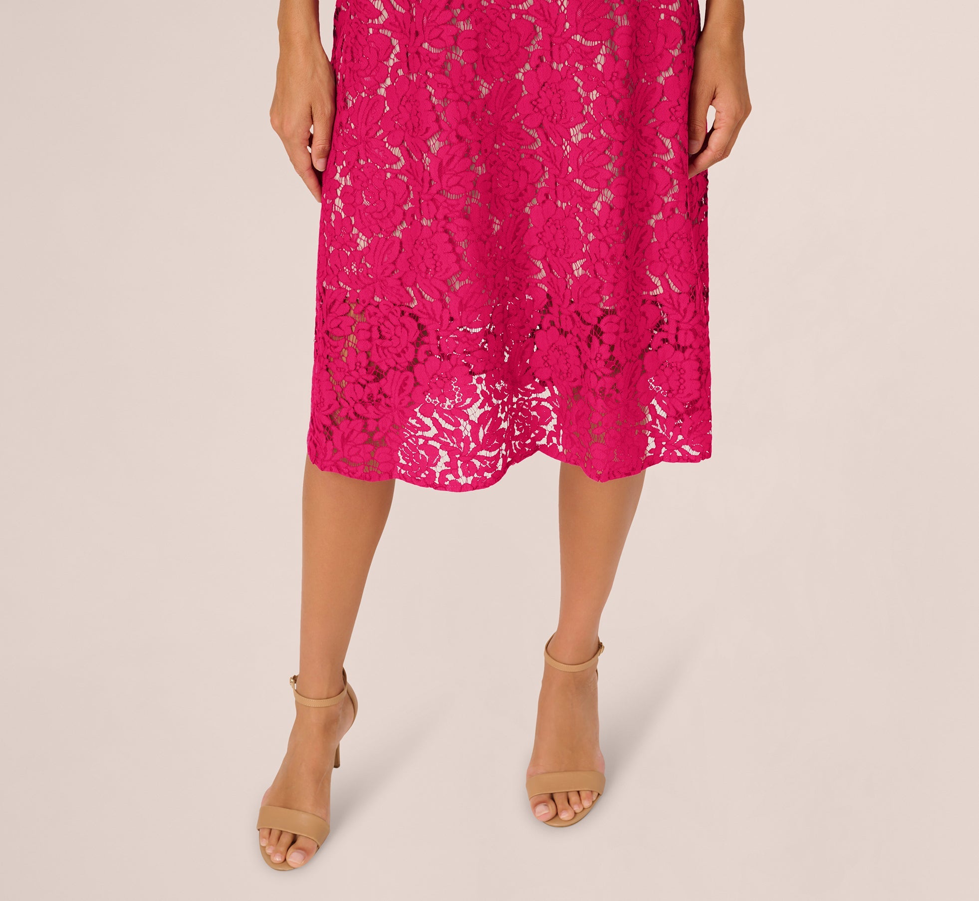 Sleeveless Lace Fit And Flare Dress With Sheer Details In Tropical Pink