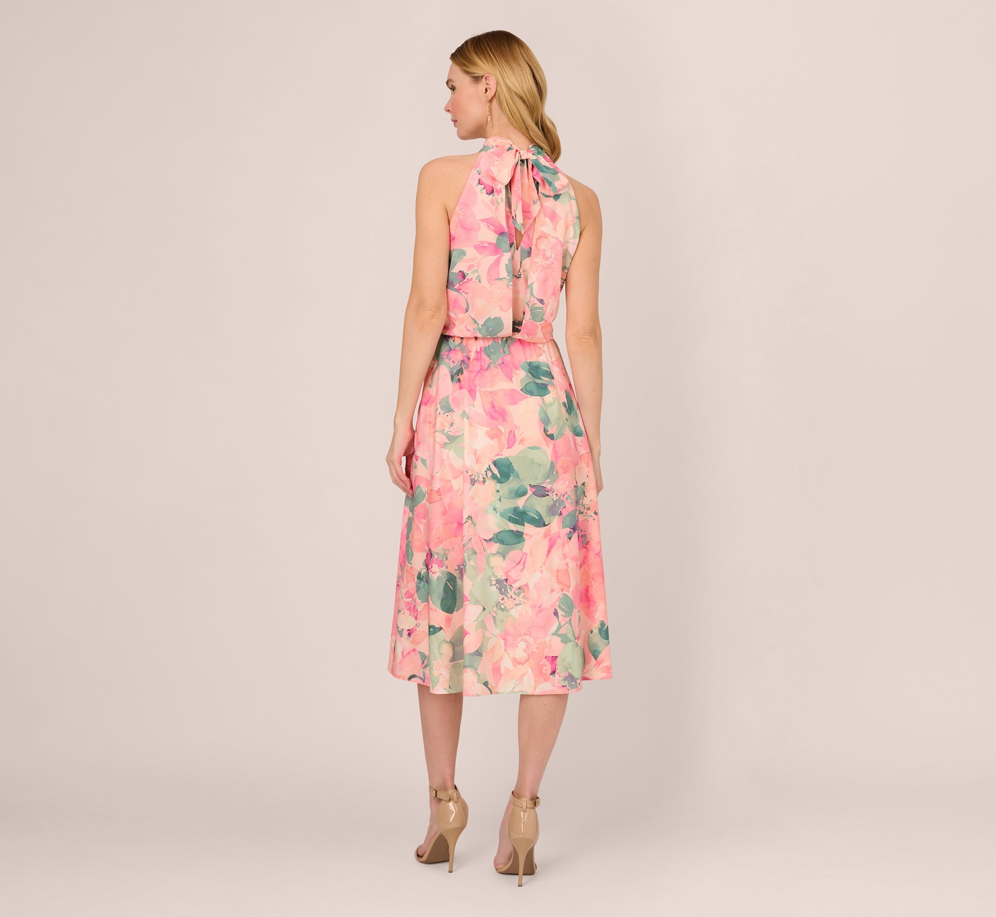 Floral Print Chiffon Halter Dress With Mock Neck In Blush Multi