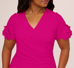 Plus Size Crepe Faux Wrap Sheath Dress With Floral Accent Short Sleeves In Pink Flambe