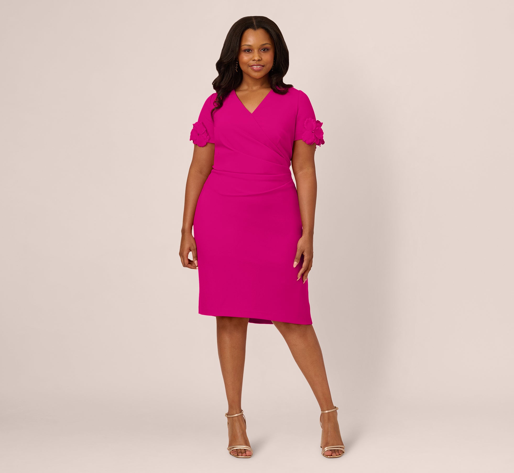 Plus Size Crepe Faux Wrap Sheath Dress With Floral Accent Short Sleeves In Pink Flambe