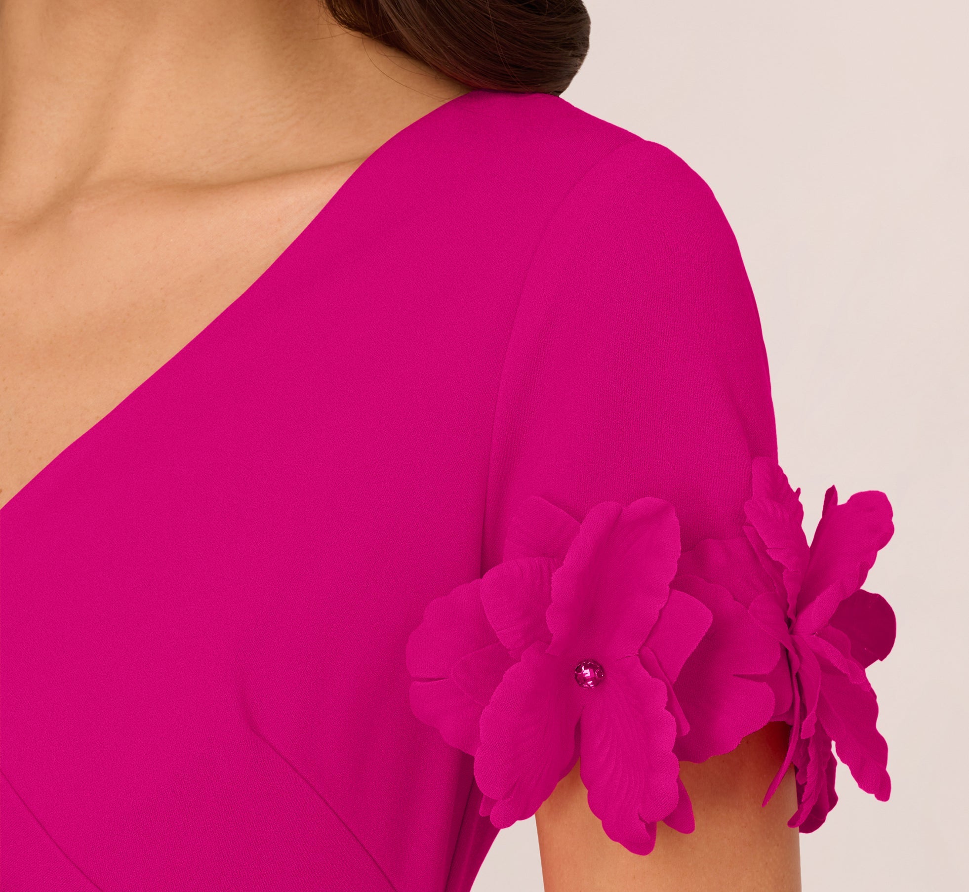 Crepe Faux Wrap Sheath Dress With Floral Accent Short Sleeves In Pink Flambe