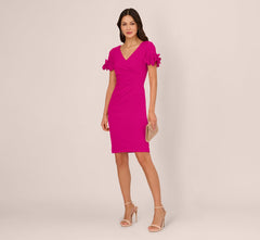 Crepe Faux Wrap Sheath Dress With Floral Accent Short Sleeves In Pink Flambe